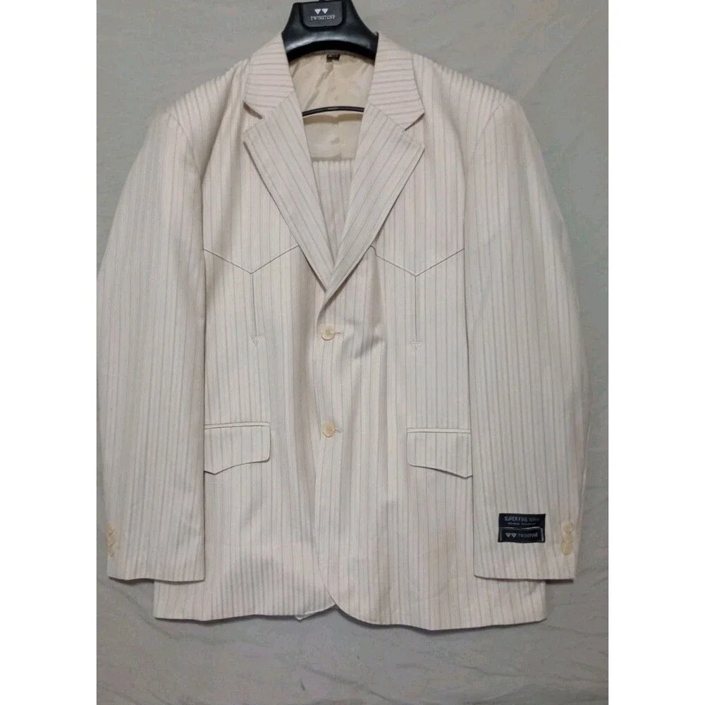 Vintage NOS Twinstone Western Yoke Rockabilly Suit 44/30 Ivory & Blue Stripe